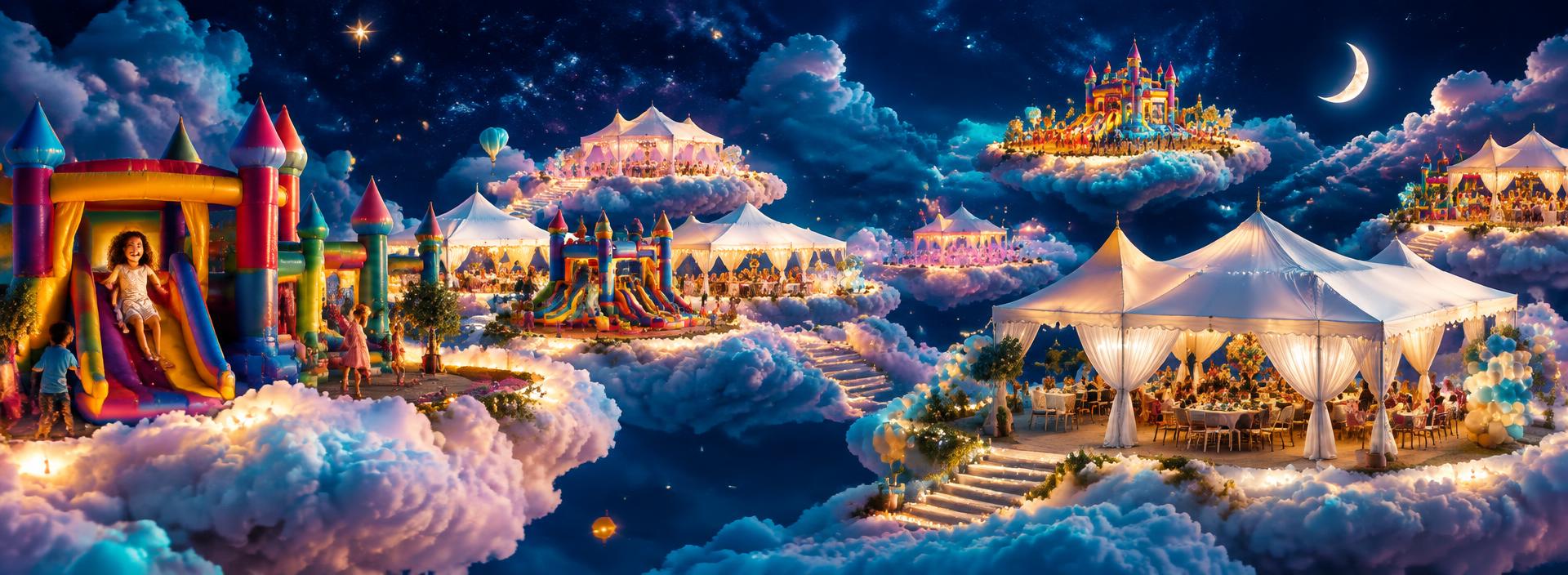 Um mundo fantástico de festas com infláveis sobre as nuvens